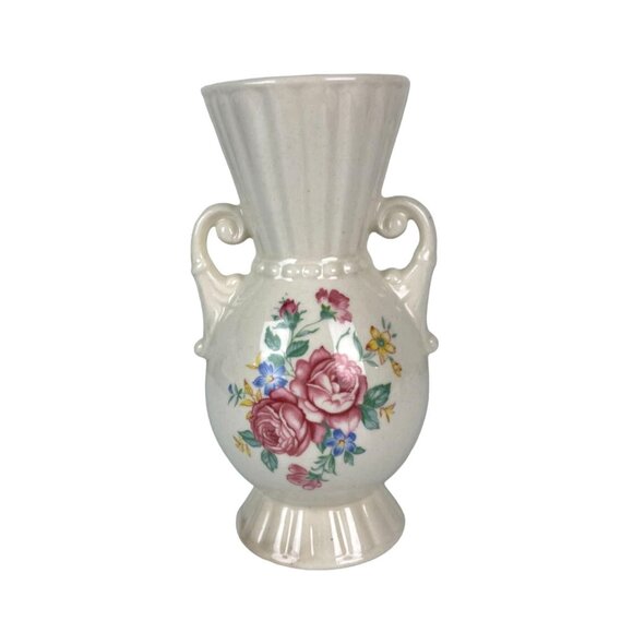 Vintage Royal Copley Beige Rose Floral Handled Vase, Mid-Century Pottery Ceramic - Picture 1 of 11
